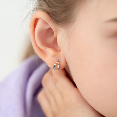 925 Sterling Silver Rainbow Multicolored Wishbone Safety Screw Back Earrings For Little Girls - Preteen Girls Wishbone Shaped Earrings in Saudi Arabia