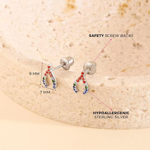 925 Sterling Silver Rainbow Multicolored Wishbone Safety Screw Back Earrings For Little Girls - Preteen Girls Wishbone Shaped Earrings in Saudi Arabia