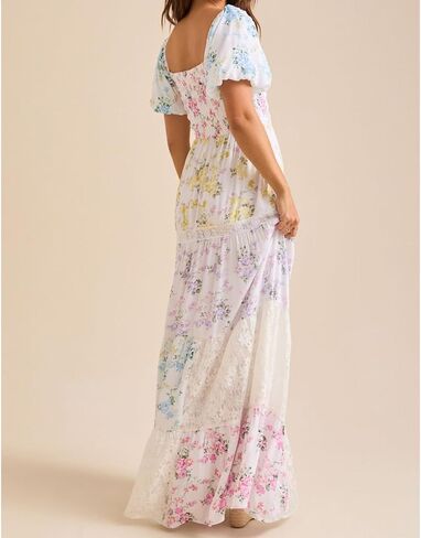 Women Floral Maxi Dress Smocked Puff Sleeve Square Neck Lace Patchwork Tiered Boho Long Dress Vacation Garden Party in Saudi Arabia