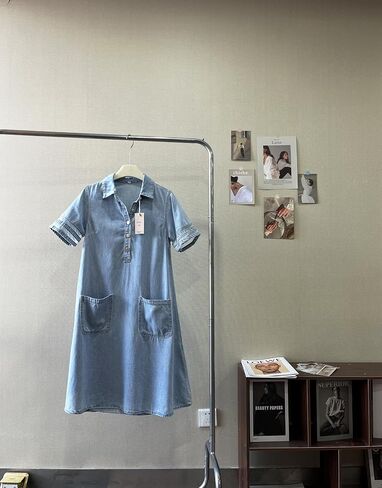 utcoco Denim Dress for Women 2025 Casual Tulle Short Sleeve Button Jean Midi Dress with Pockets in Saudi Arabia