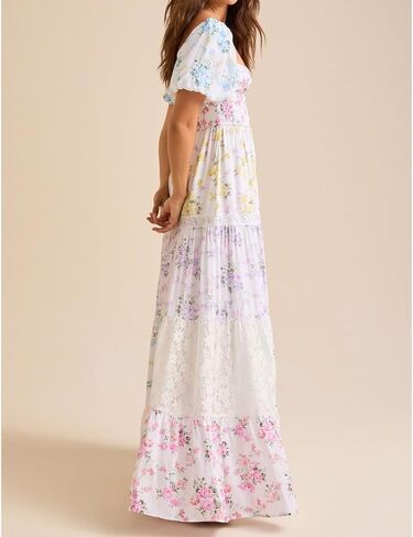 Women Floral Maxi Dress Smocked Puff Sleeve Square Neck Lace Patchwork Tiered Boho Long Dress Vacation Garden Party in Saudi Arabia