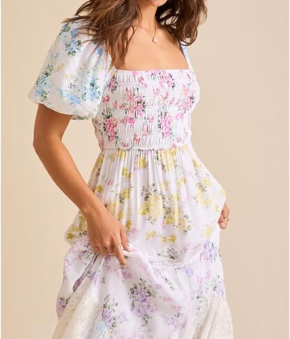 Women Floral Maxi Dress Smocked Puff Sleeve Square Neck Lace Patchwork Tiered Boho Long Dress Vacation Garden Party in Saudi Arabia