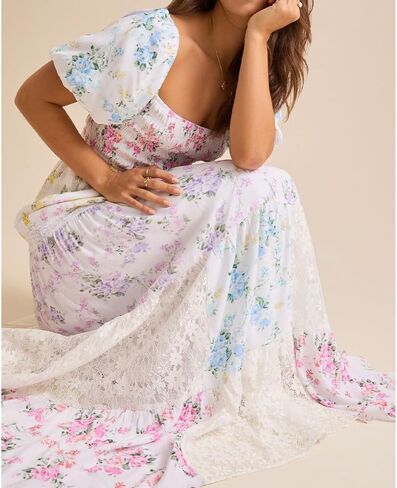 Women Floral Maxi Dress Smocked Puff Sleeve Square Neck Lace Patchwork Tiered Boho Long Dress Vacation Garden Party in Saudi Arabia