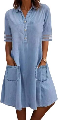utcoco Denim Dress for Women 2025 Casual Tulle Short Sleeve Button Jean Midi Dress with Pockets in Saudi Arabia