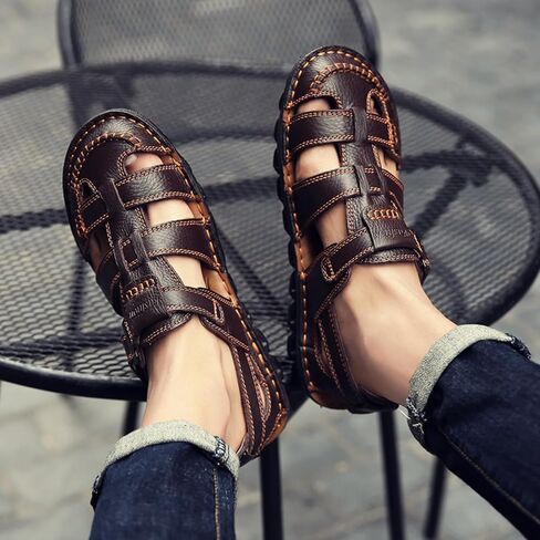 Driving Shoes Leather Sandals for Men Closed Toe Handmade Hiking Sandals for Men Breathable Mens Leather Sandals Pu in Saudi Arabia
