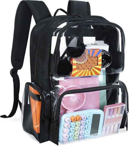 Clear Backpack Heavy Duty,18'' Large Clear Backpack with Multiple Pockets,See Through Bookbag for Boys & Girls,College Work Security,Black in Kuwait