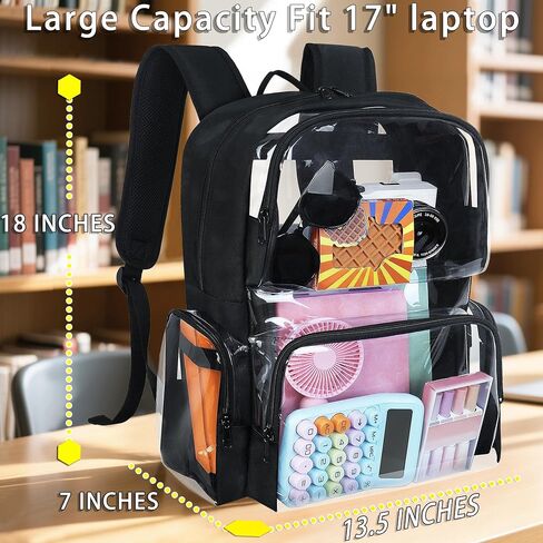 Clear Backpack Heavy Duty,18'' Large Clear Backpack with Multiple Pockets,See Through Bookbag for Boys & Girls,College Work Security,Black in Kuwait