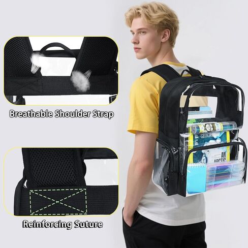 Clear Backpack Heavy Duty,18'' Large Clear Backpack with Multiple Pockets,See Through Bookbag for Boys & Girls,College Work Security,Black in Kuwait