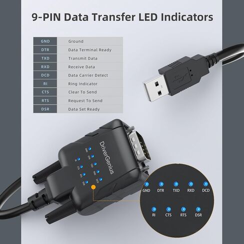 DriverGenius USB to Serial RS232 Adapter Cable with 9 x LED Indicators，4 Pack - Prolific PL2303 - Compatible for Windows 11, macOS 14 Sonoma, and Linux (USB232A-E-A, 3ft/1m) in Saudi Arabia