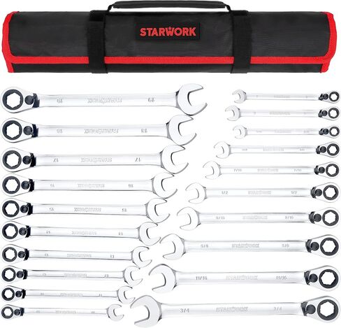 20 Pc. 6-Point SAE, Metric 15° Offset Vintage G-Plating Reversible Non-Slip Long Pattern Ratcheting Combination Wrench Set (5/16" -3/4" & 8-19 mm) in Kuwait