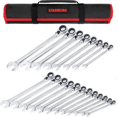 20 Pc. 6-Point SAE, Metric 15° Offset Vintage G-Plating Reversible Non-Slip Long Pattern Ratcheting Combination Wrench Set (5/16" -3/4" & 8-19 mm) in Kuwait