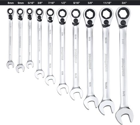 20 Pc. 6-Point SAE, Metric 15° Offset Vintage G-Plating Reversible Non-Slip Long Pattern Ratcheting Combination Wrench Set (5/16" -3/4" & 8-19 mm) in Kuwait