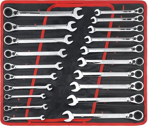 20 Pc. 6-Point SAE, Metric 15° Offset Vintage G-Plating Reversible Non-Slip Long Pattern Ratcheting Combination Wrench Set (5/16" -3/4" & 8-19 mm) in Kuwait