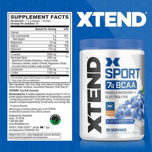 XTEND Sport BCAA Powder Blue Raspberry Ice - Electrolyte Powder for Recovery & Hydration with Amino Acids - 30 Servings in Kuwait