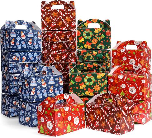 Christmas Treat Boxes, 24 Pieces Plaid Santa Elf Snowman Elk Gingerbread Xmas Cardboard Present Candy Cookie Boxes with Handles, Holiday Party Favor Supplies, 4 Designs (Plaid Style) in Kuwait