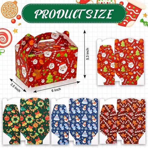 Christmas Treat Boxes, 24 Pieces Plaid Santa Elf Snowman Elk Gingerbread Xmas Cardboard Present Candy Cookie Boxes with Handles, Holiday Party Favor Supplies, 4 Designs (Plaid Style) in Kuwait