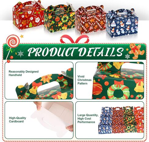 Christmas Treat Boxes, 24 Pieces Plaid Santa Elf Snowman Elk Gingerbread Xmas Cardboard Present Candy Cookie Boxes with Handles, Holiday Party Favor Supplies, 4 Designs (Plaid Style) in Kuwait