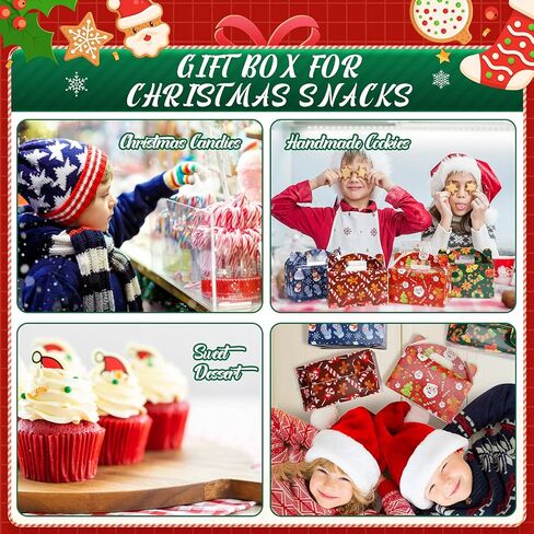 Christmas Treat Boxes, 24 Pieces Plaid Santa Elf Snowman Elk Gingerbread Xmas Cardboard Present Candy Cookie Boxes with Handles, Holiday Party Favor Supplies, 4 Designs (Plaid Style) in Kuwait