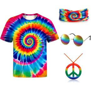 70s Outfits for Kids Boys 4 Pcs Hippie Costume Accessories Set Kids Fun Tie Dye Shirt for Halloween Cosplay Party in Kuwait