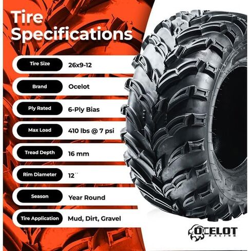 Ocelot Mars-A Utility ATV/UTV Tire, 6 Ply Quad or Side By Side ATV Tire, V-Angled Power Treads, 26x9x12 ATV Tire, 26x9x12 UTV Tires, Plow Through Mud and Sand, Ride Over Hard Surfaces in Saudi Arabia