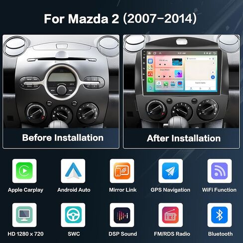راديو ستيريو للسيارة 2+64G Android 13 CarPlay لمازدا 2 2007-2014، شاشة لمس عالية الدقة 9 بوصة متوافقة مع Android Auto، كاميرا احتياطية AHD، وصلة مرآة، GPS، WiFi، FM RDS in Saudi Arabia