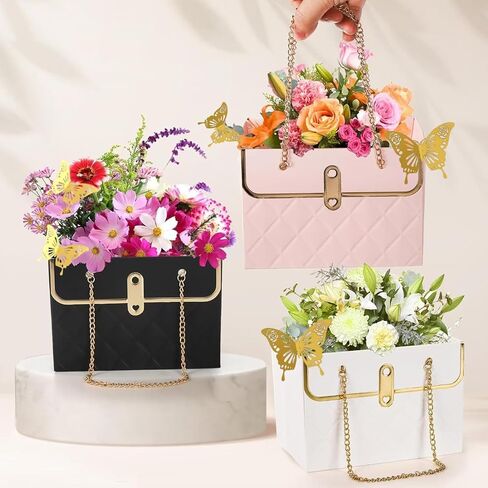 ZFCZR 12Pcs Paper Flower Bags and12Pcs 3D Silver Dazzle Butterfly Decor-Flower Gift Boxes Sets, Bouquet Bags for Arrangements Wedding Valentine's Mother's Day Birthday (Red,Black,Pink,White) in Saudi Arabia