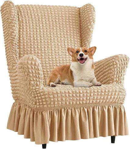 تمتد Seersucker Wingback Chair Slipcover ، كرسي الفقاعة العالمي مع تنورة ، غرفة معيشة أغلفة كرسي عالية ، أغطية قابلة للانزلاق سهلة للكراسي (Dark Beige ، Chair) in Kuwait