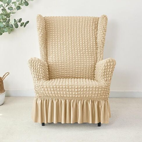 تمتد Seersucker Wingback Chair Slipcover ، كرسي الفقاعة العالمي مع تنورة ، غرفة معيشة أغلفة كرسي عالية ، أغطية قابلة للانزلاق سهلة للكراسي (Dark Beige ، Chair) in Kuwait