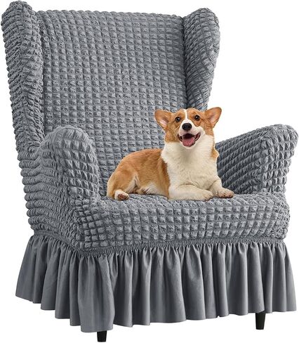 تمتد Seersucker Wingback Chair Slipcover ، كرسي الفقاعة العالمي مع تنورة ، غرفة معيشة أغلفة كرسي عالية ، أغطية قابلة للانزلاق سهلة للكراسي (Dark Beige ، Chair) in Saudi Arabia