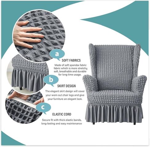 تمتد Seersucker Wingback Chair Slipcover ، كرسي الفقاعة العالمي مع تنورة ، غرفة معيشة أغلفة كرسي عالية ، أغطية قابلة للانزلاق سهلة للكراسي (Dark Beige ، Chair) in Saudi Arabia