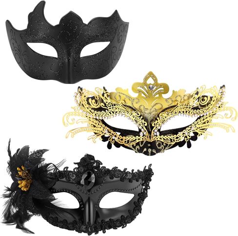 Capoda 3 PCS MASTERADE SAVKS LITE LOMEN MEN MENS BLACK GOLD COSTUME MASK FOR HALWEEN CARNIVAL VENETIAN COSPLAY Party Supplies in Saudi Arabia