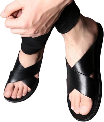 Mggmokay Mens Leather Slides Men Cross Sandals Lightweight Open Open Toe Flipper for Summer in Saudi Arabia