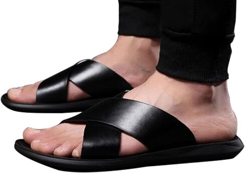 Mggmokay Mens Leather Slides Men Cross Sandals Lightweight Open Open Toe Flipper for Summer in Saudi Arabia