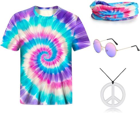 70s Outfits for Kids Boys 4 Pcs Hippie Costume Accessories Set Kids Fun Tie Dye Shirt for Halloween Cosplay Party in Saudi Arabia