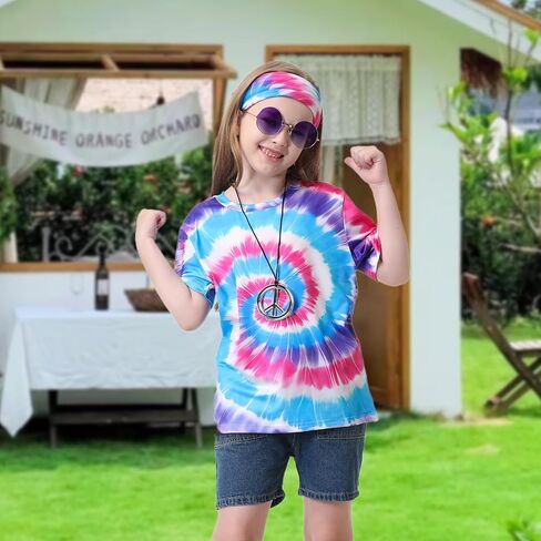 70s Outfits for Kids Boys 4 Pcs Hippie Costume Accessories Set Kids Fun Tie Dye Shirt for Halloween Cosplay Party in Saudi Arabia