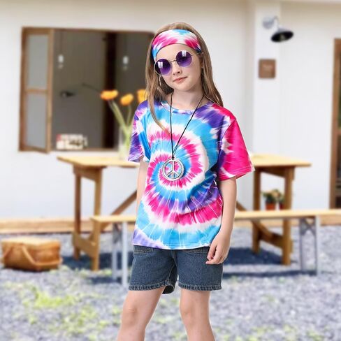70s Outfits for Kids Boys 4 Pcs Hippie Costume Accessories Set Kids Fun Tie Dye Shirt for Halloween Cosplay Party in Saudi Arabia