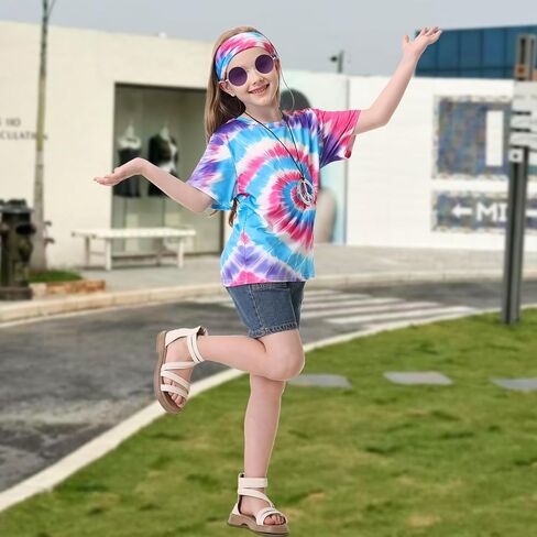 70s Outfits for Kids Boys 4 Pcs Hippie Costume Accessories Set Kids Fun Tie Dye Shirt for Halloween Cosplay Party in Saudi Arabia