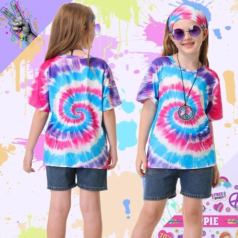 70s Outfits for Kids Boys 4 Pcs Hippie Costume Accessories Set Kids Fun Tie Dye Shirt for Halloween Cosplay Party in Saudi Arabia