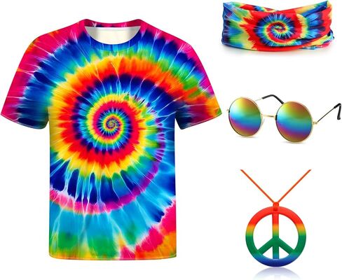 70s Outfits for Kids Boys 4 Pcs Hippie Costume Accessories Set Kids Fun Tie Dye Shirt for Halloween Cosplay Party in Kuwait