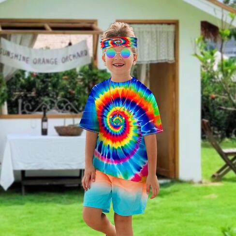 70s Outfits for Kids Boys 4 Pcs Hippie Costume Accessories Set Kids Fun Tie Dye Shirt for Halloween Cosplay Party in Kuwait