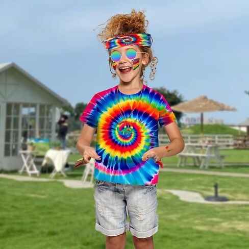 70s Outfits for Kids Boys 4 Pcs Hippie Costume Accessories Set Kids Fun Tie Dye Shirt for Halloween Cosplay Party in Kuwait