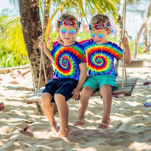 70s Outfits for Kids Boys 4 Pcs Hippie Costume Accessories Set Kids Fun Tie Dye Shirt for Halloween Cosplay Party in Kuwait