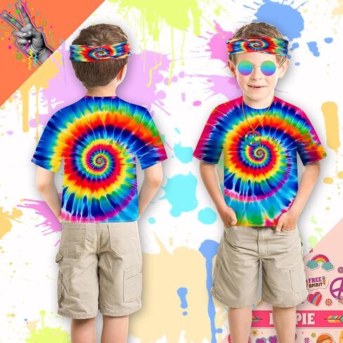 70s Outfits for Kids Boys 4 Pcs Hippie Costume Accessories Set Kids Fun Tie Dye Shirt for Halloween Cosplay Party in Kuwait