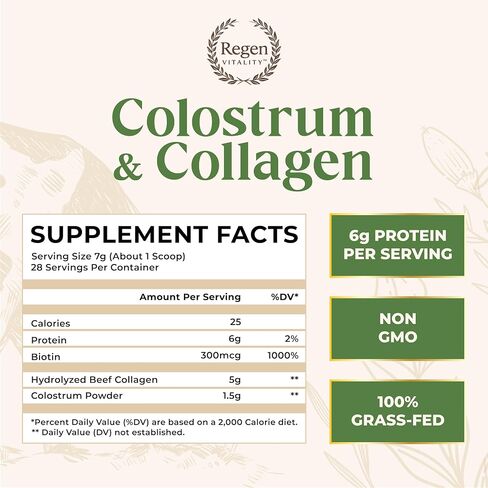 Grass-Fed Colostrum & Collagen Powder | Gut Health, Hair, Skin & Joint Support | New Zealand Bovine Colostrum, Hydrolyzed Collagen Peptides, 300mcg Biotin | Vanilla Bean | 28 Servings in Saudi Arabia