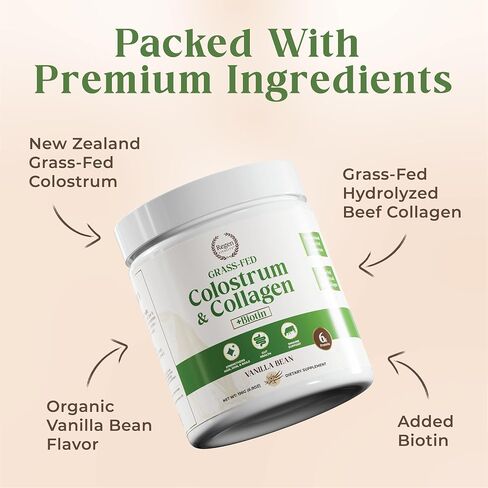 Grass-Fed Colostrum & Collagen Powder | Gut Health, Hair, Skin & Joint Support | New Zealand Bovine Colostrum, Hydrolyzed Collagen Peptides, 300mcg Biotin | Vanilla Bean | 28 Servings in Saudi Arabia