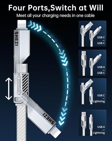 [واحد يكفي] كابل USB C 4 في 1، 22 وات [شحن عالي السرعة ومزامنة بيانات سريعة] مجموعة سلك شاحن متعدد L/Type C/Type A لهاتف iPhone iPad Samsung ومعظم الأجهزة، 5FT in Kuwait