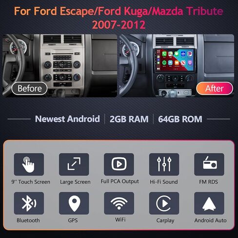 8 Core 6G+128G for Ford Escape/Ford Kuga/Mazda Tribute 2007-2012 راديو ستيريو للسيارة مع CarPlay لاسلكي Android Auto/9 بوصة 1280x720P IPS لمس/BT5.0/GPS/WiFi/DSP/46 EQ/كاميرا احتياطية in Saudi Arabia