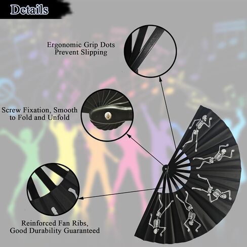 Black Folding Fans for Line Dancing, Large Foldable Dancing Skeleton Hand Fan for Boots on The Ground, Music Festival, Carnival, EDM in Saudi Arabia