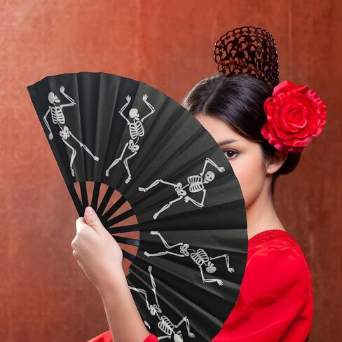 Black Folding Fans for Line Dancing, Large Foldable Dancing Skeleton Hand Fan for Boots on The Ground, Music Festival, Carnival, EDM in Saudi Arabia