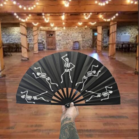 Black Folding Fans for Line Dancing, Large Foldable Dancing Skeleton Hand Fan for Boots on The Ground, Music Festival, Carnival, EDM in Saudi Arabia